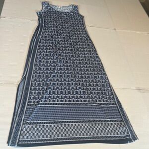 Max Studio Sleeveless Blue Patterned Maxi Dress w curved neckline slits bottom